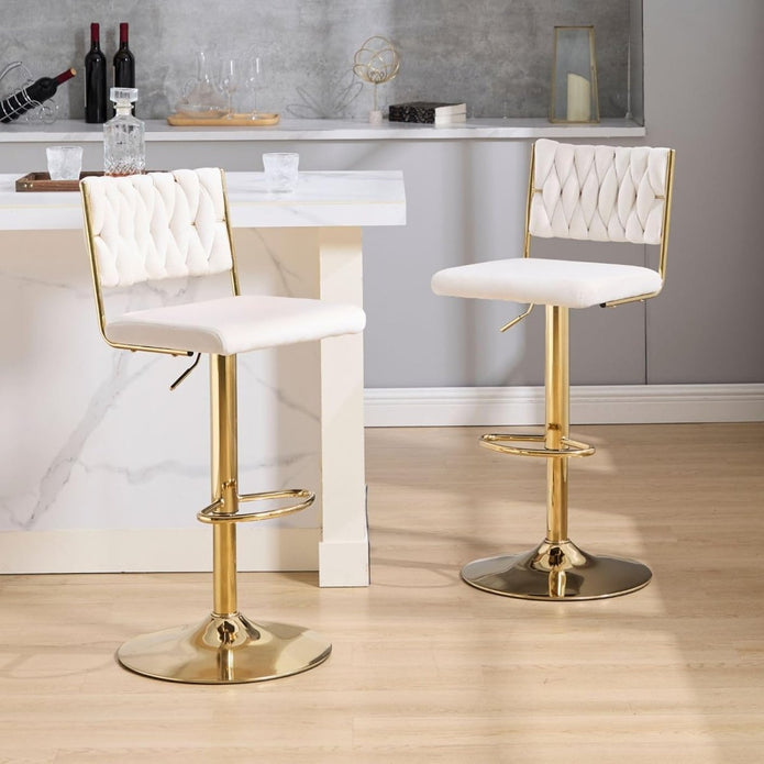 SERENIT? 2x Velvet Bar Stools with Braided Back Elegant Kitchen High Chairs, Kitchen Island Stools Adjustable Height Swivel Bar Chairs with Gold Legs for Home-White