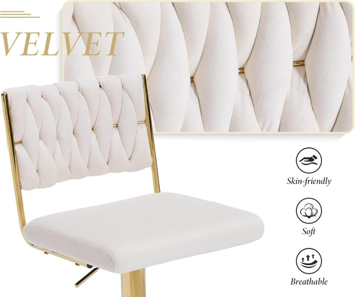 SERENIT? 2x Velvet Bar Stools with Braided Back Elegant Kitchen High Chairs, Kitchen Island Stools Adjustable Height Swivel Bar Chairs with Gold Legs for Home-White