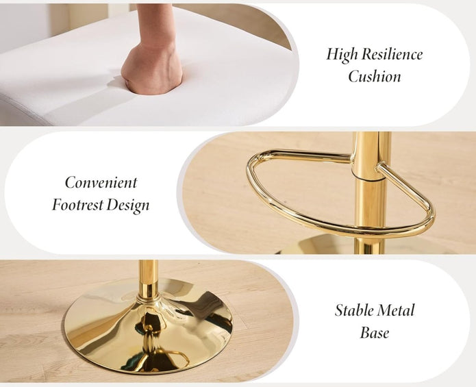 SERENITà 2x Velvet Bar Stools with Braided Back Elegant Kitchen High Chairs, Kitchen Island Stools Adjustable Height Swivel Bar Chairs with Gold Legs for Home-White