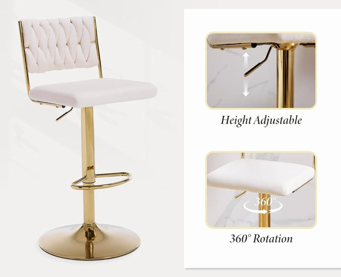 SERENIT? 2x Velvet Bar Stools with Braided Back Elegant Kitchen High Chairs, Kitchen Island Stools Adjustable Height Swivel Bar Chairs with Gold Legs for Home-White