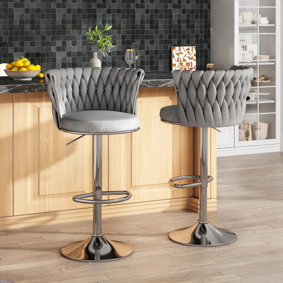 SERENIT? Modern Silver Swivel Upholstered Velvet Adjustable Height Counter Stool with Metal Frame Grey (Set of 2)