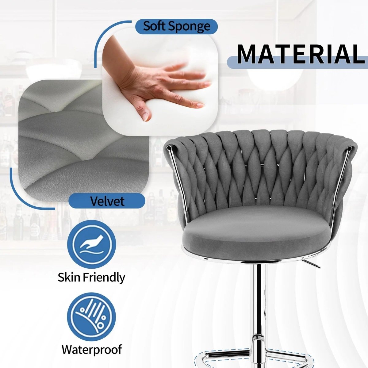 SERENIT? Modern Silver Swivel Upholstered Velvet Adjustable Height Counter Stool with Metal Frame Grey (Set of 2)