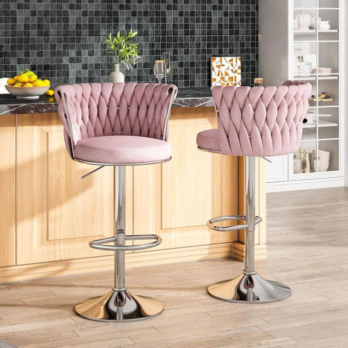 SERENIT? Modern Silver Swivel Upholstered Velvet Adjustable Height Counter Stool with Metal Frame Pink (Set of 2)