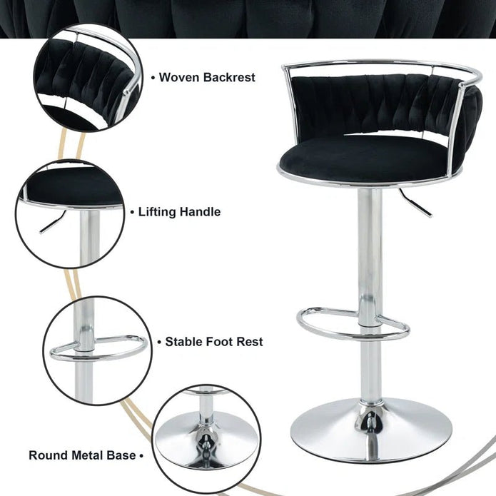 SERENIT? Silver Swivel Upholstered Velvet Adjustable Height Counter Stool with Metal Frame Black (Set of 2)