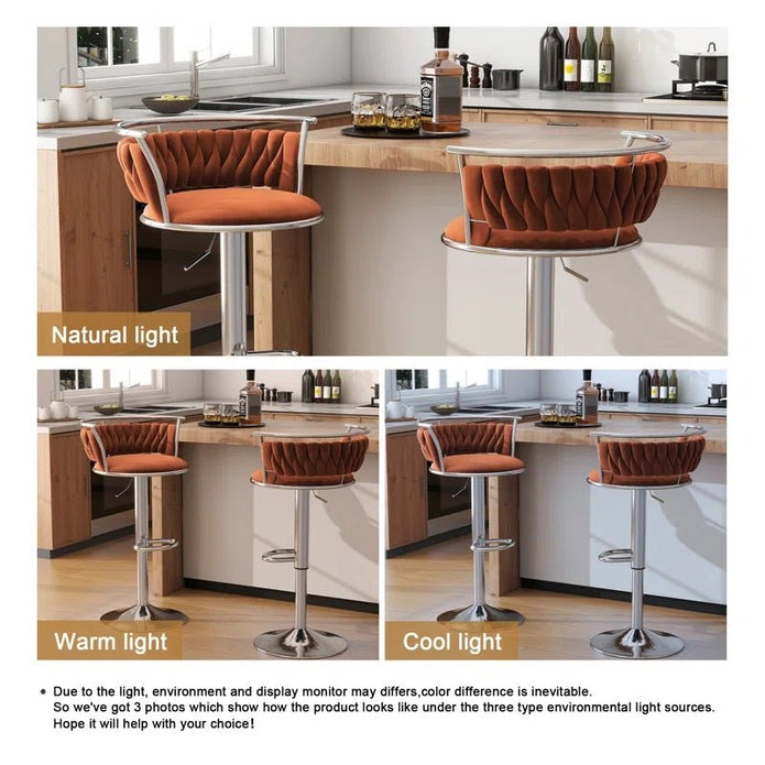 SERENIT? Silver Swivel Upholstered Velvet Adjustable Height Counter Stool with Metal Frame Orange (Set of 2)