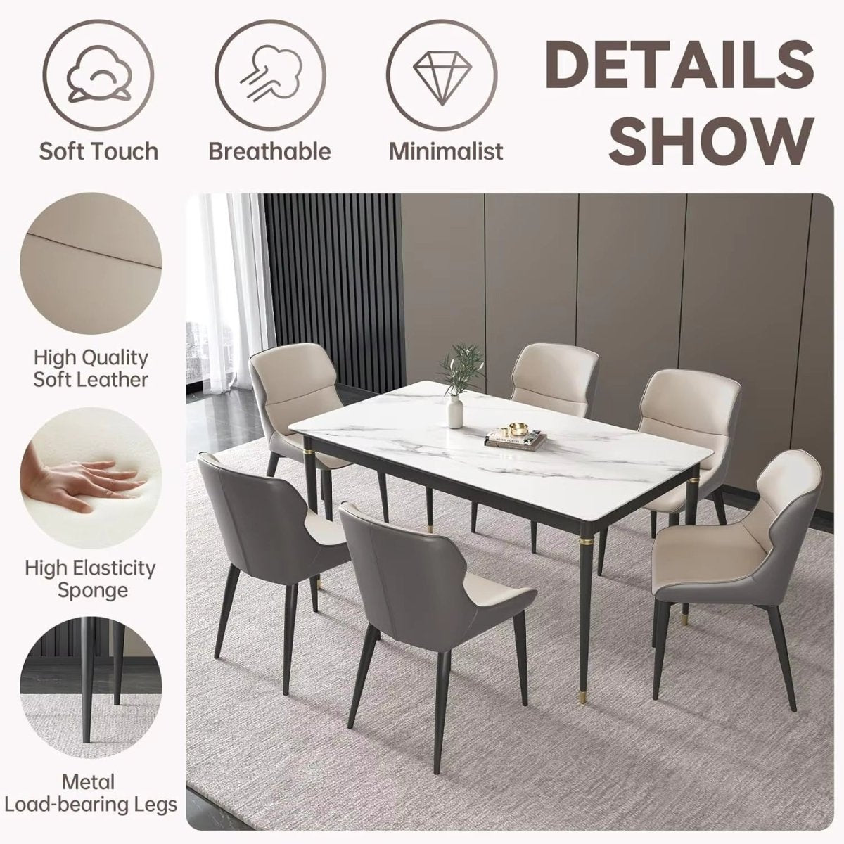 Dark Grey Italian Minimal List Dining Chairs PU Retro Chair Cafe Kitchen Modern Metal Legs x2