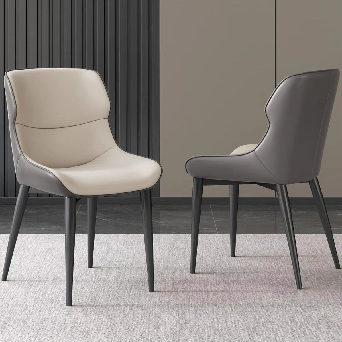 Light Grey Italian Minimal List Dining Chairs PU Retro Chair Cafe Kitchen Modern Metal Legs x2