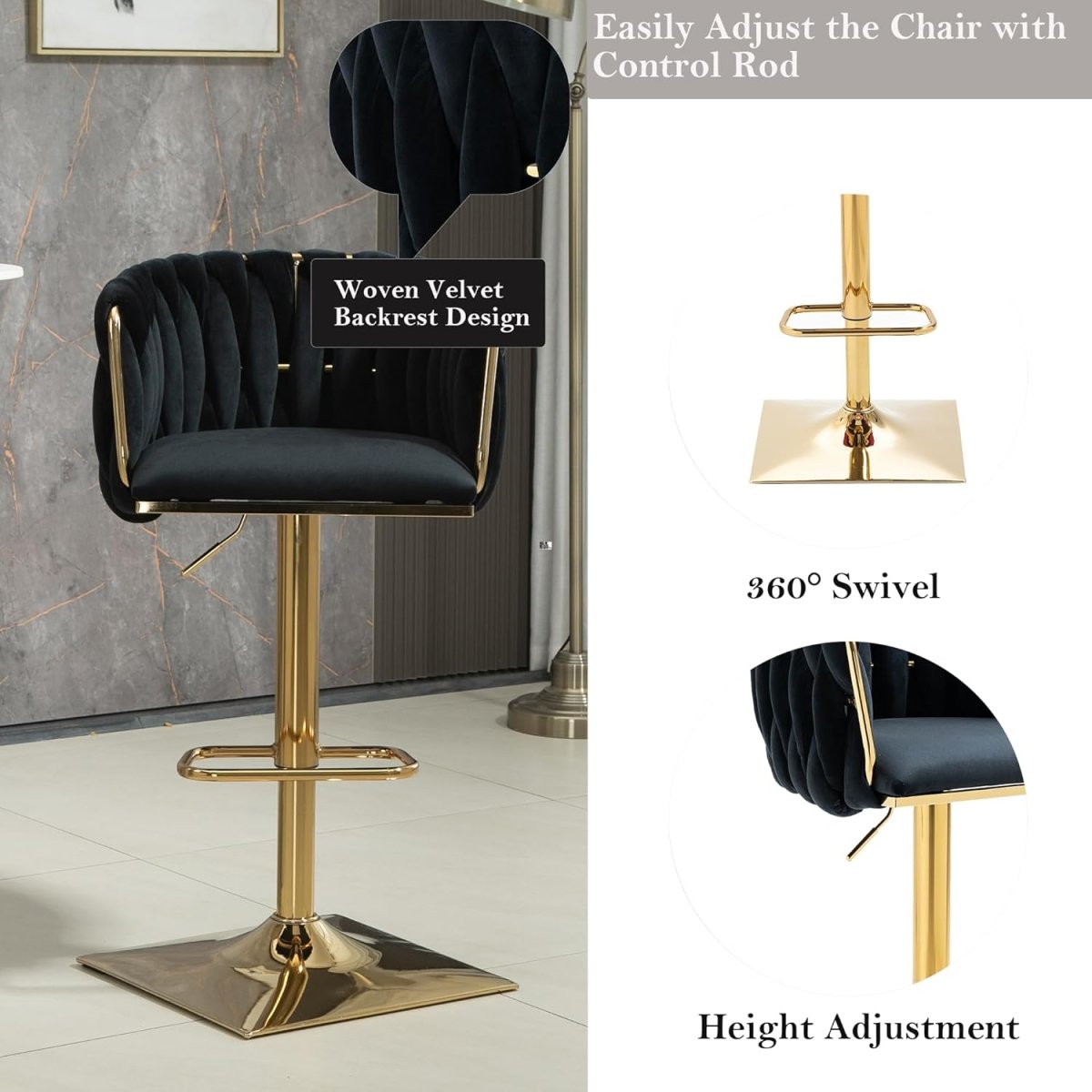 SERENIT? Modern Velvet Breakfast Bar Stools Swivel Barstools Adjustable Counter Stools with Backrest Set of 2 Black