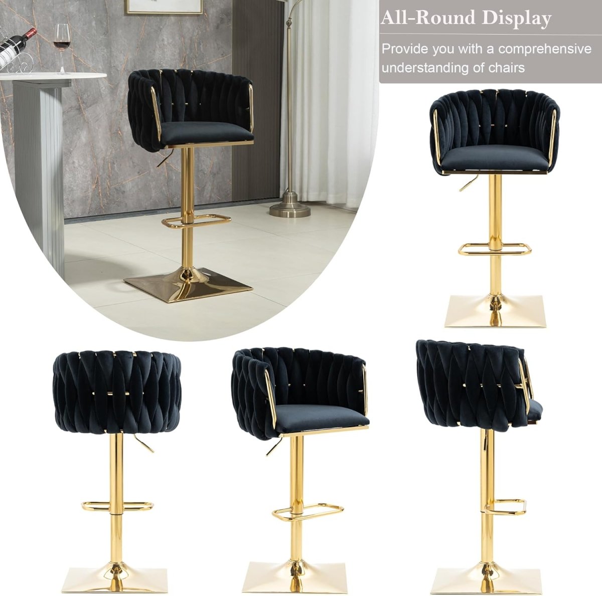 SERENIT? Modern Velvet Breakfast Bar Stools Swivel Barstools Adjustable Counter Stools with Backrest Set of 2 Black