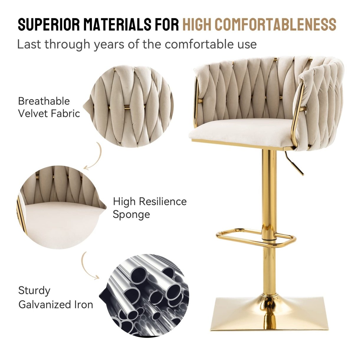 SERENITà Modern Velvet Breakfast Bar Stools Swivel Barstools Adjustable Counter Stools with Backrest Set of 2 iVORY