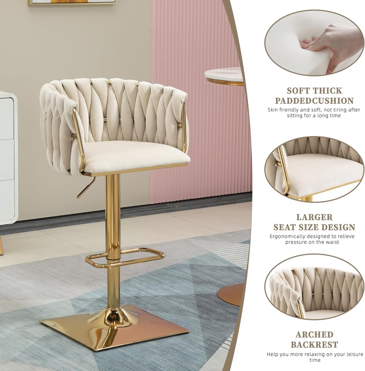SERENITà Modern Velvet Breakfast Bar Stools Swivel Barstools Adjustable Counter Stools with Backrest