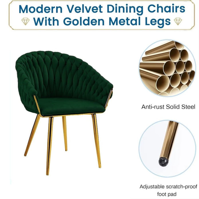 SERENITà Emerald Green Modern Velvet Dining Chairs, Upholstered Living Room Chair with Woven Back and Golden Metal Legs, Mid-Century Accent Set of 2(GREEN)