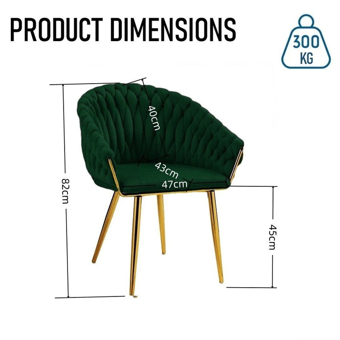 SERENITà Emerald Green Modern Velvet Dining Chairs, Upholstered Living Room Chair with Woven Back and Golden Metal Legs, Mid-Century Accent Set of 2(GREEN)