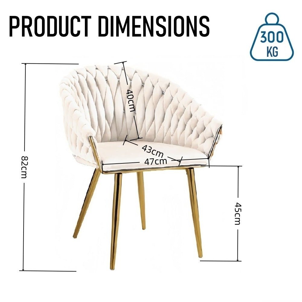 SERENITà Ivory Modern Velvet Dining Chairs, Upholstered Living Room Chair with Woven Back and Golden Metal Legs, Mid-Century Accent Set of 2(Ivory)