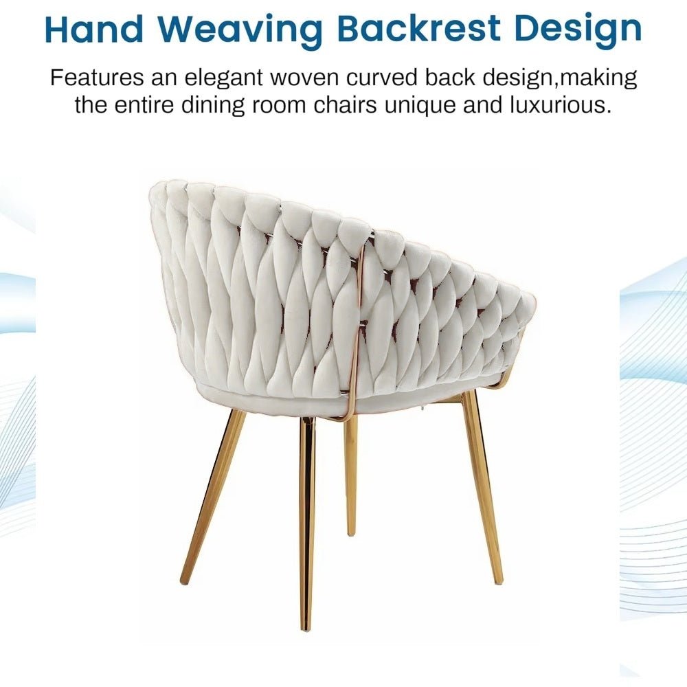 SERENITà Ivory Modern Velvet Dining Chairs, Upholstered Living Room Chair with Woven Back and Golden Metal Legs, Mid-Century Accent Set of 2(Ivory)
