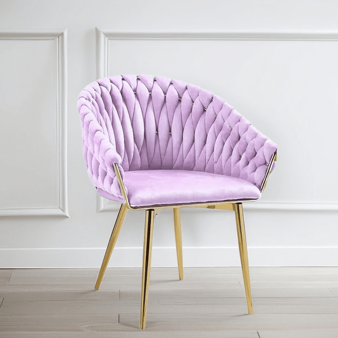 SERENITà Pink Modern Velvet Dining Chairs, Upholstered Living Room Chair with Woven Back and Golden Metal Legs, Mid-Century Accent Set of 2(Pink)