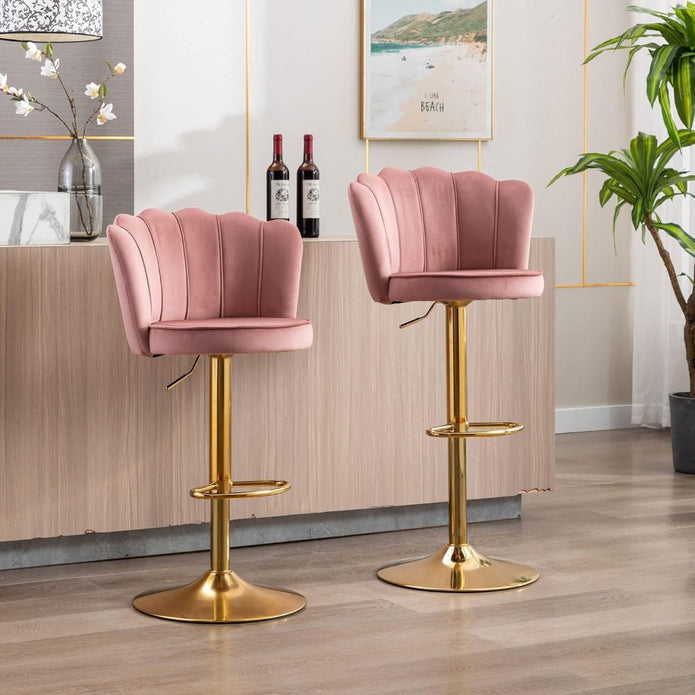 SERENIT? Swivel Bar Stools Bar Height Set of 2 Adjustable Upholstered Counter Barstool Velvet Bar Chairs with Back/Gold Base for Kitchen Island/Bar/Cafe-Pink