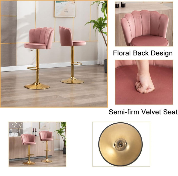 SERENIT? Swivel Bar Stools Bar Height Set of 2 Adjustable Upholstered Counter Barstool Velvet Bar Chairs with Back/Gold Base for Kitchen Island/Bar/Cafe-Pink