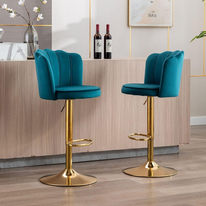 SERENIT? Swivel Bar Stools Bar Height Set of 2 Adjustable Upholstered Counter Barstool Velvet Bar Chairs with Back/Gold Base for Kitchen Island/Bar/Cafe-Teal Blue