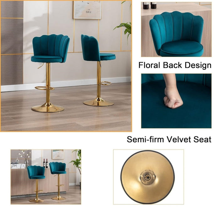 SERENIT? Swivel Bar Stools Bar Height Set of 2 Adjustable Upholstered Counter Barstool Velvet Bar Chairs with Back/Gold Base for Kitchen Island/Bar/Cafe-Teal Blue