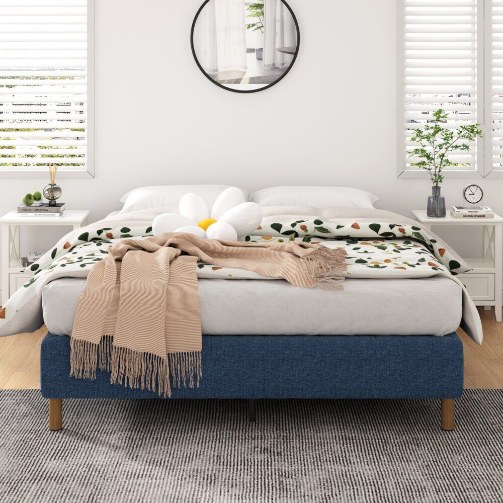 Metal Bed Frame Mattress Foundation Blue ? Queen