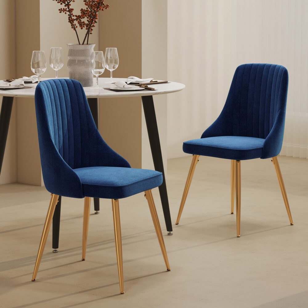 Viva Forever Set of 2 Blue Velvet Dining Chairs  Art Deco Design with Gold Metal Legs