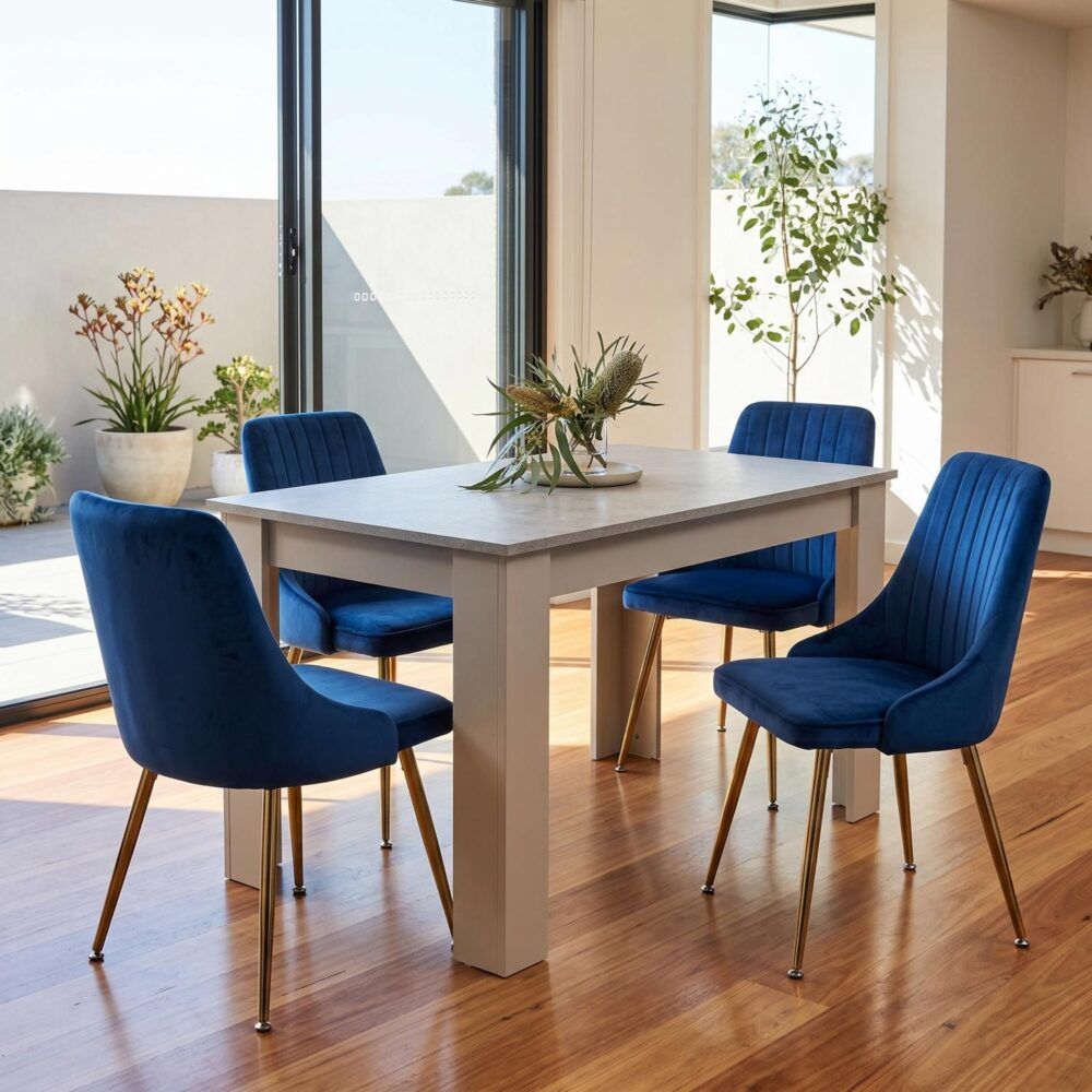 Grey Rectangular Dining Table with 4x Blue Velvet Chairs