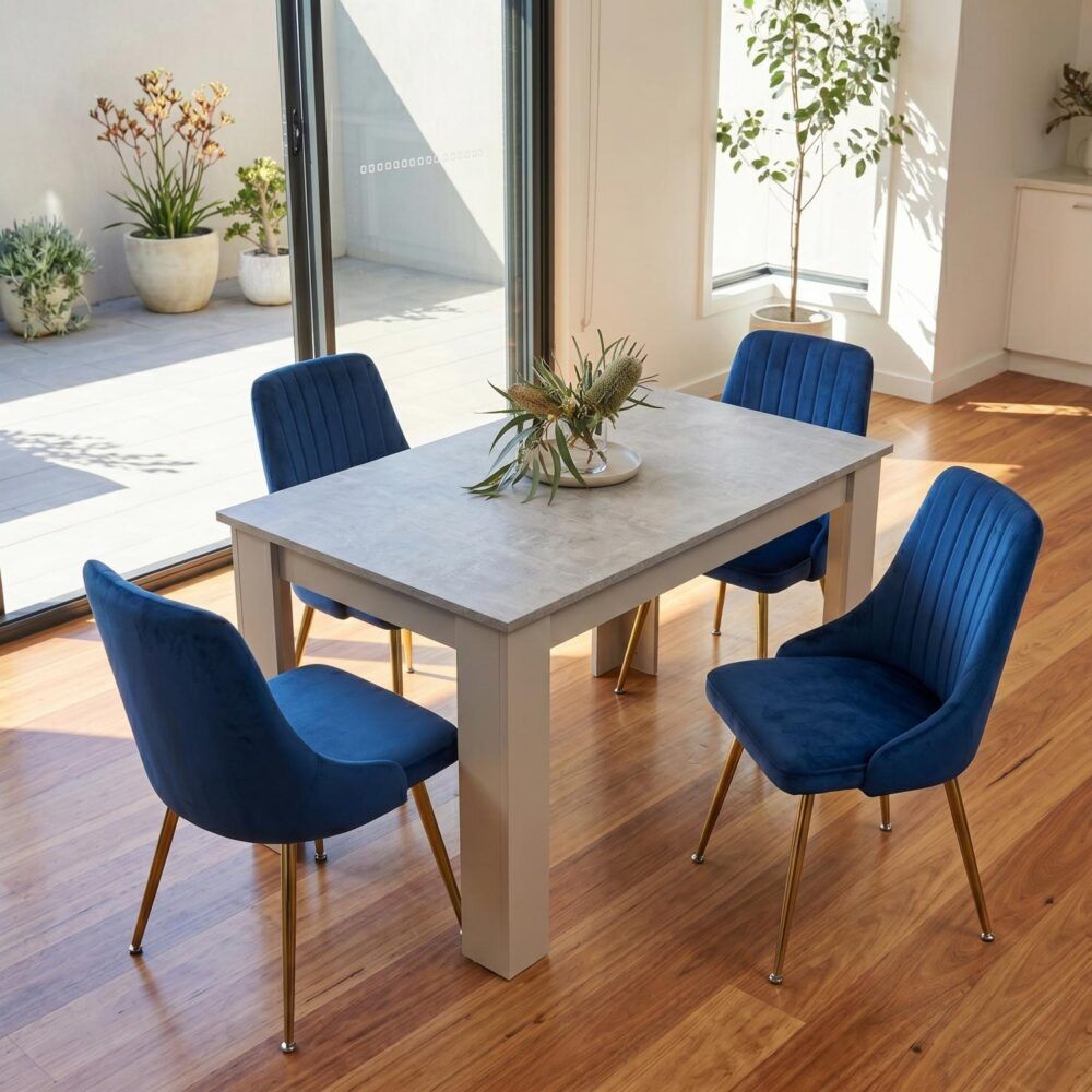 Grey Rectangular Dining Table with 4x Blue Velvet Chairs