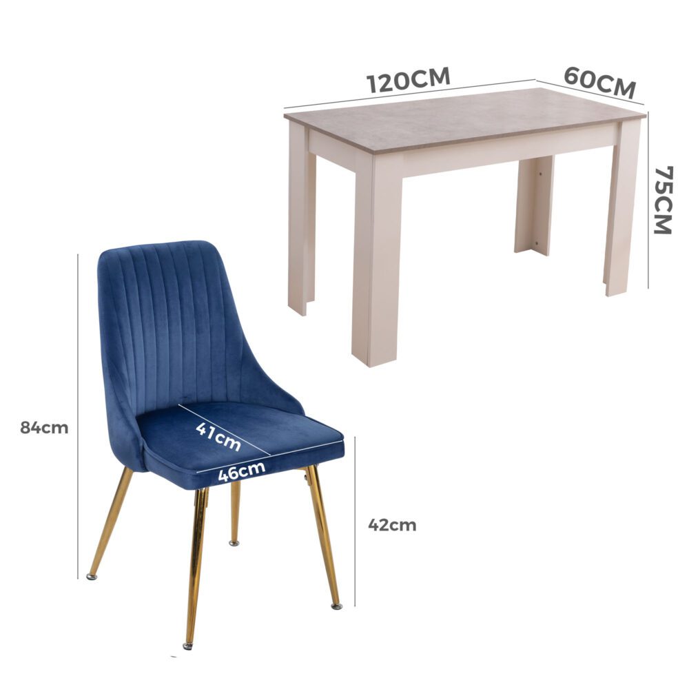 Grey Rectangular Dining Table with 4x Blue Velvet Chairs