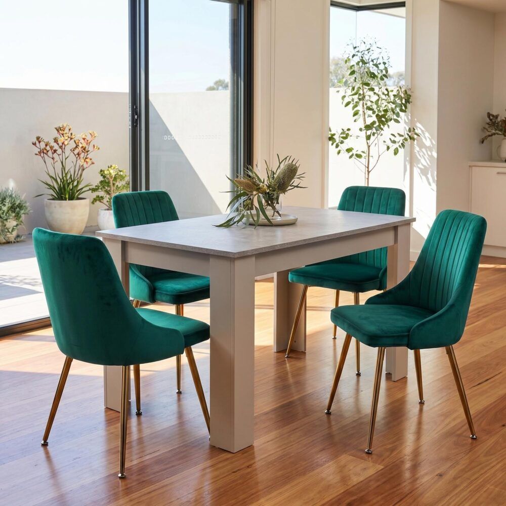 Grey Rectangular Dining Table with 4x Green Velvet Chairs