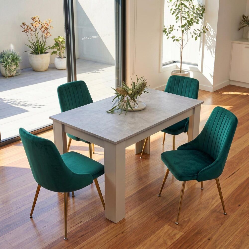 Grey Rectangular Dining Table with 4x Green Velvet Chairs