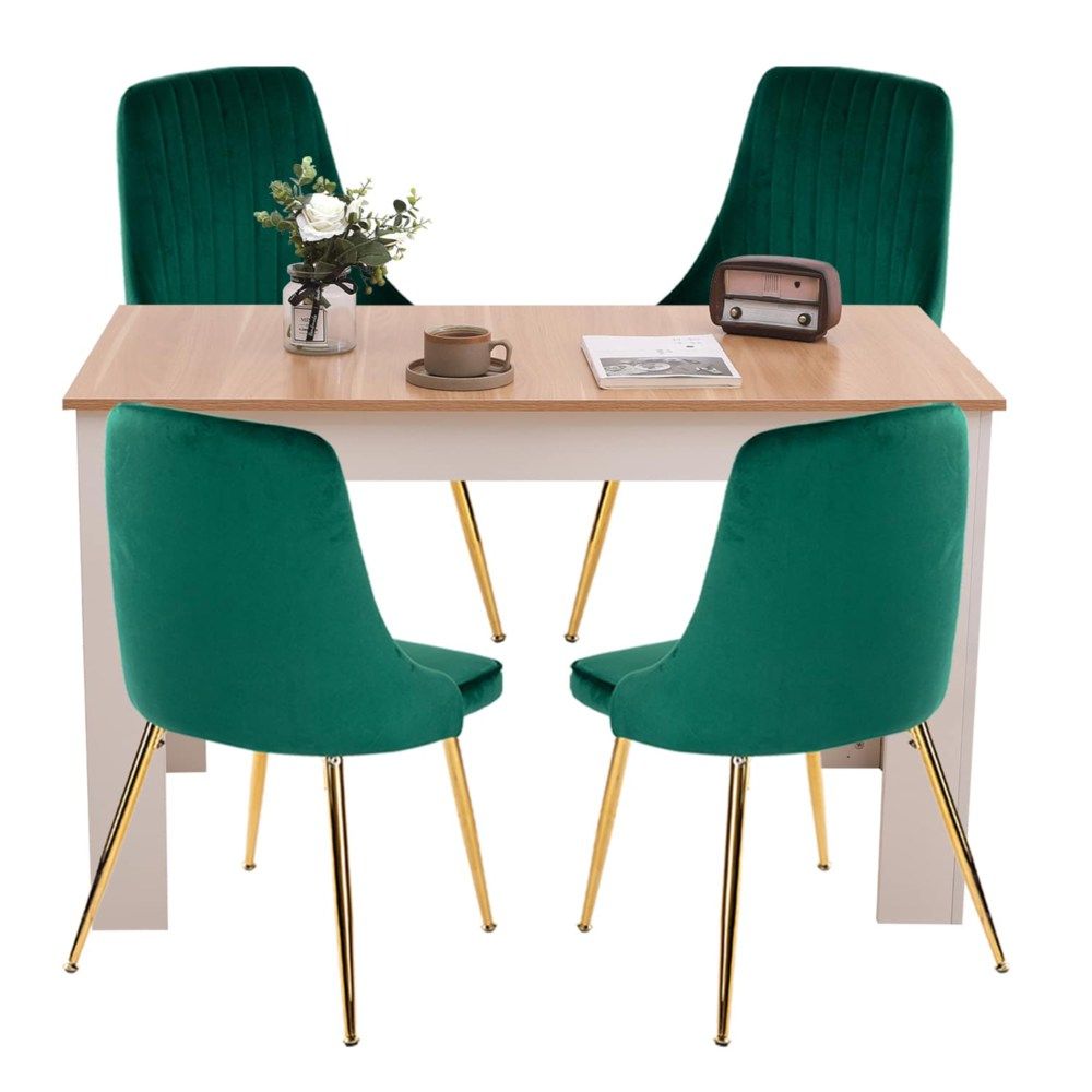 Grey Rectangular Dining Table with 4x Green Velvet Chairs
