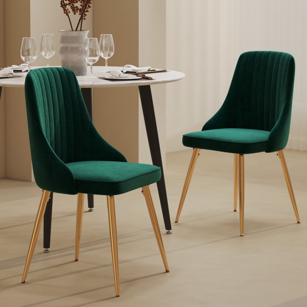 Grey Rectangular Dining Table with 4x Green Velvet Chairs