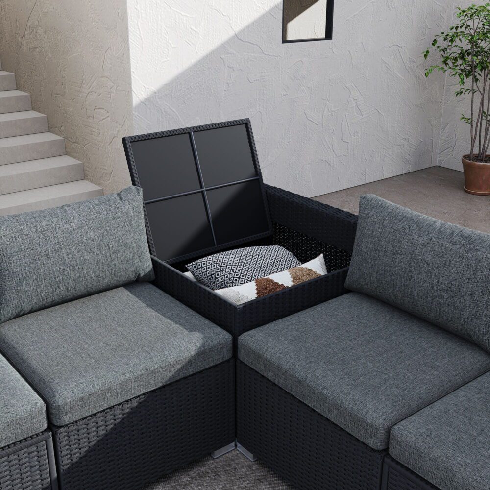 7PC Outdoor Wicker Loveseat Setting with Storage Corner (Black)