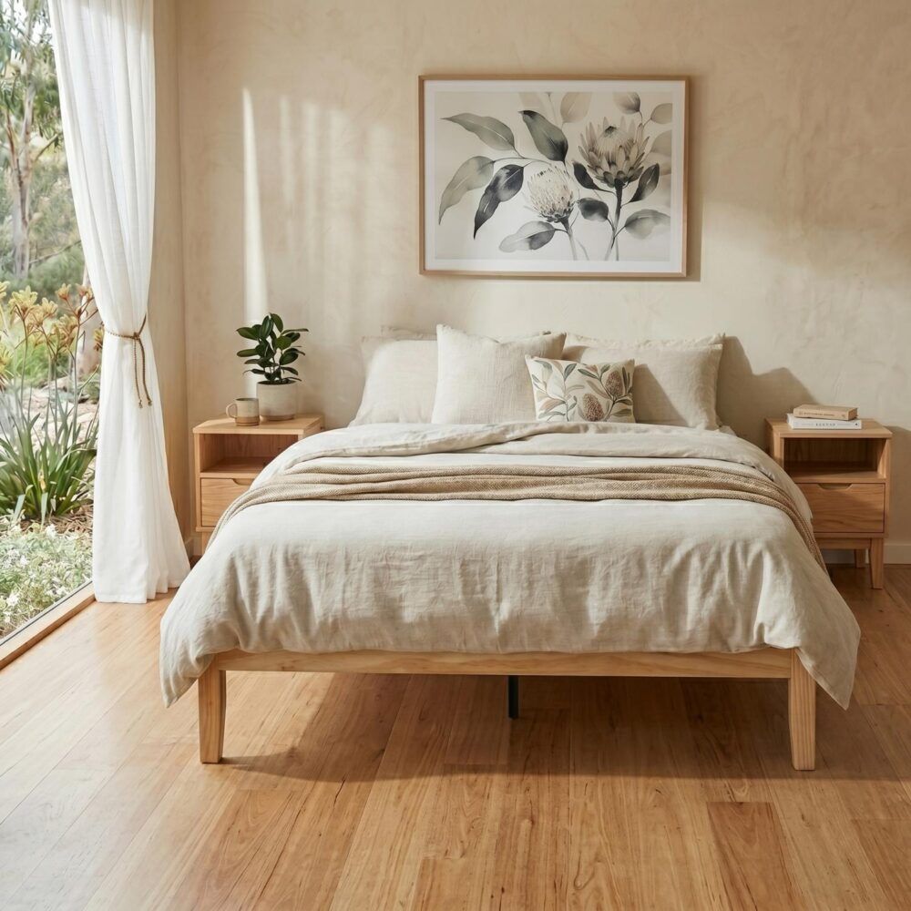 Warm Wooden Natural Bed Base Frame ? Double