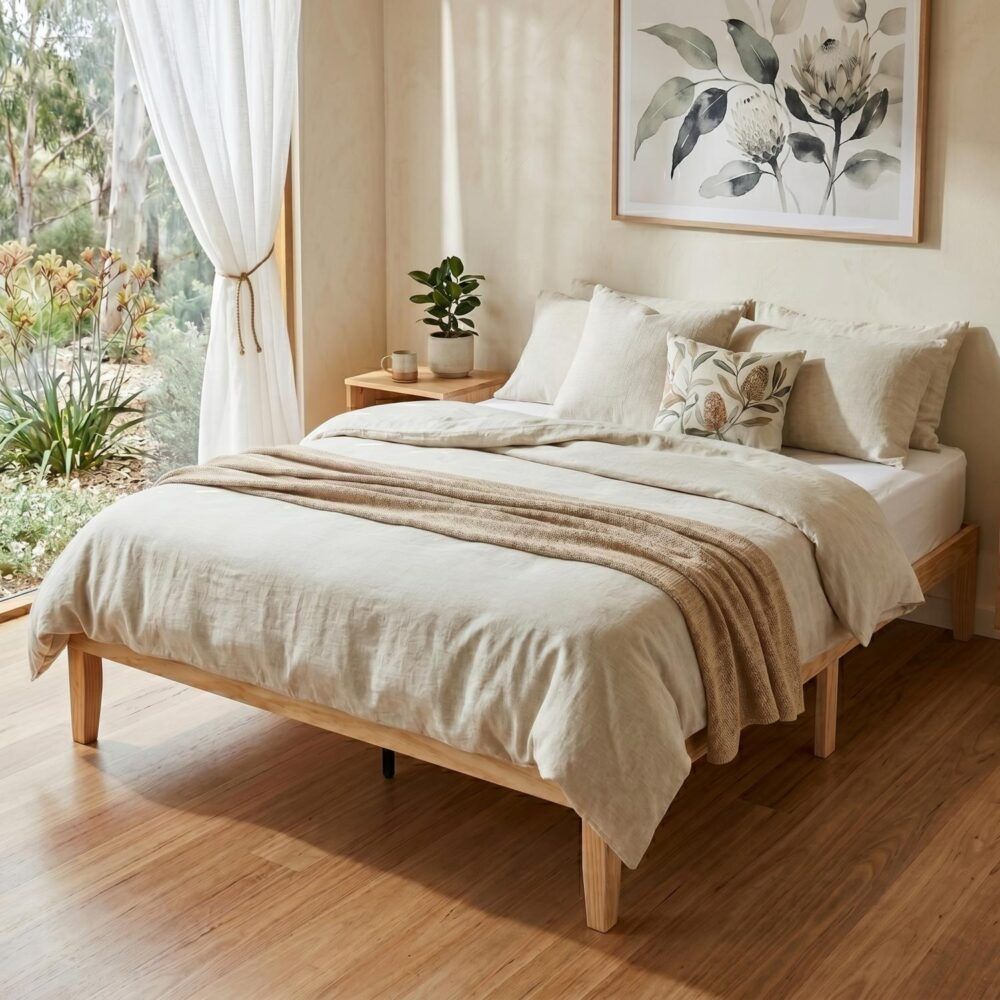 Warm Wooden Natural Bed Base Frame ? Queen