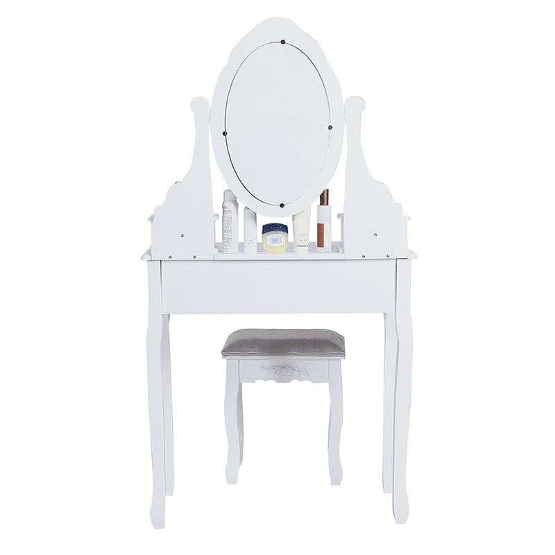 Carved Dressing Vanity Table Set with Mirror&Stool- White