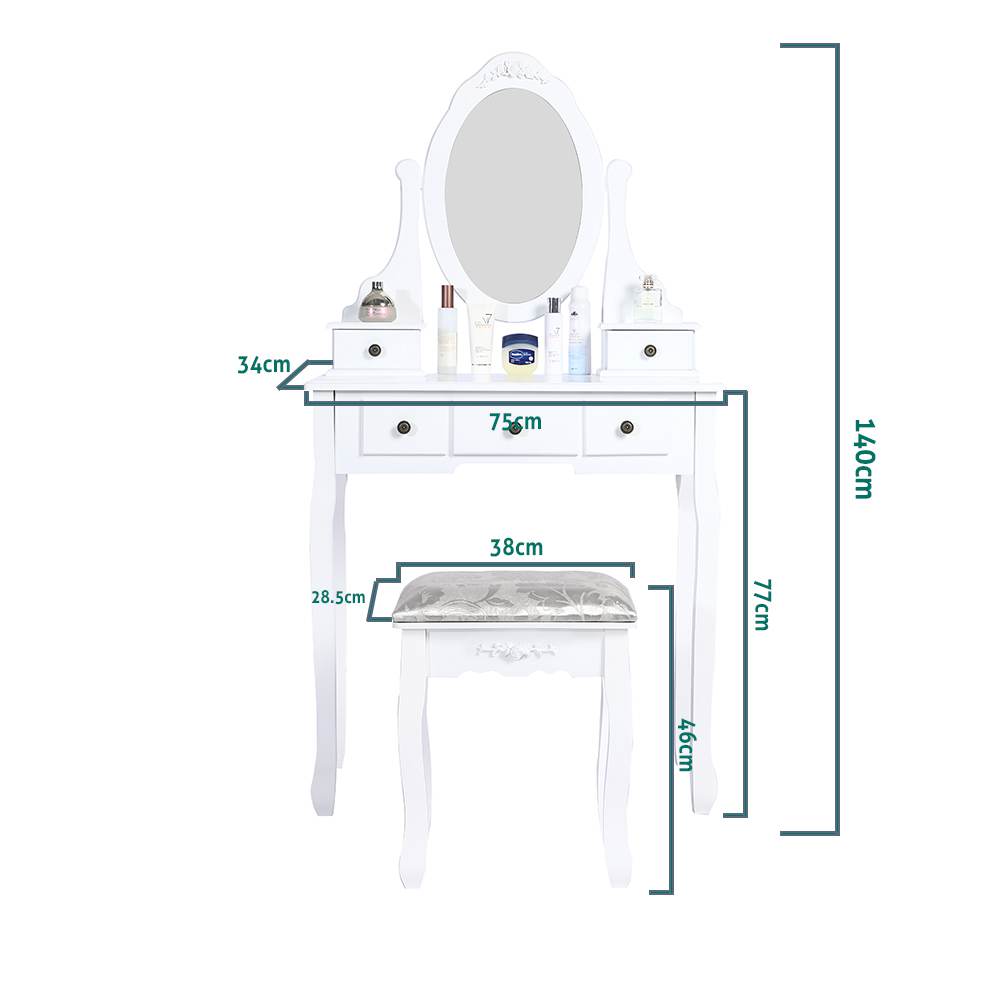 Carved Dressing Vanity Table Set with Mirror&Stool- White