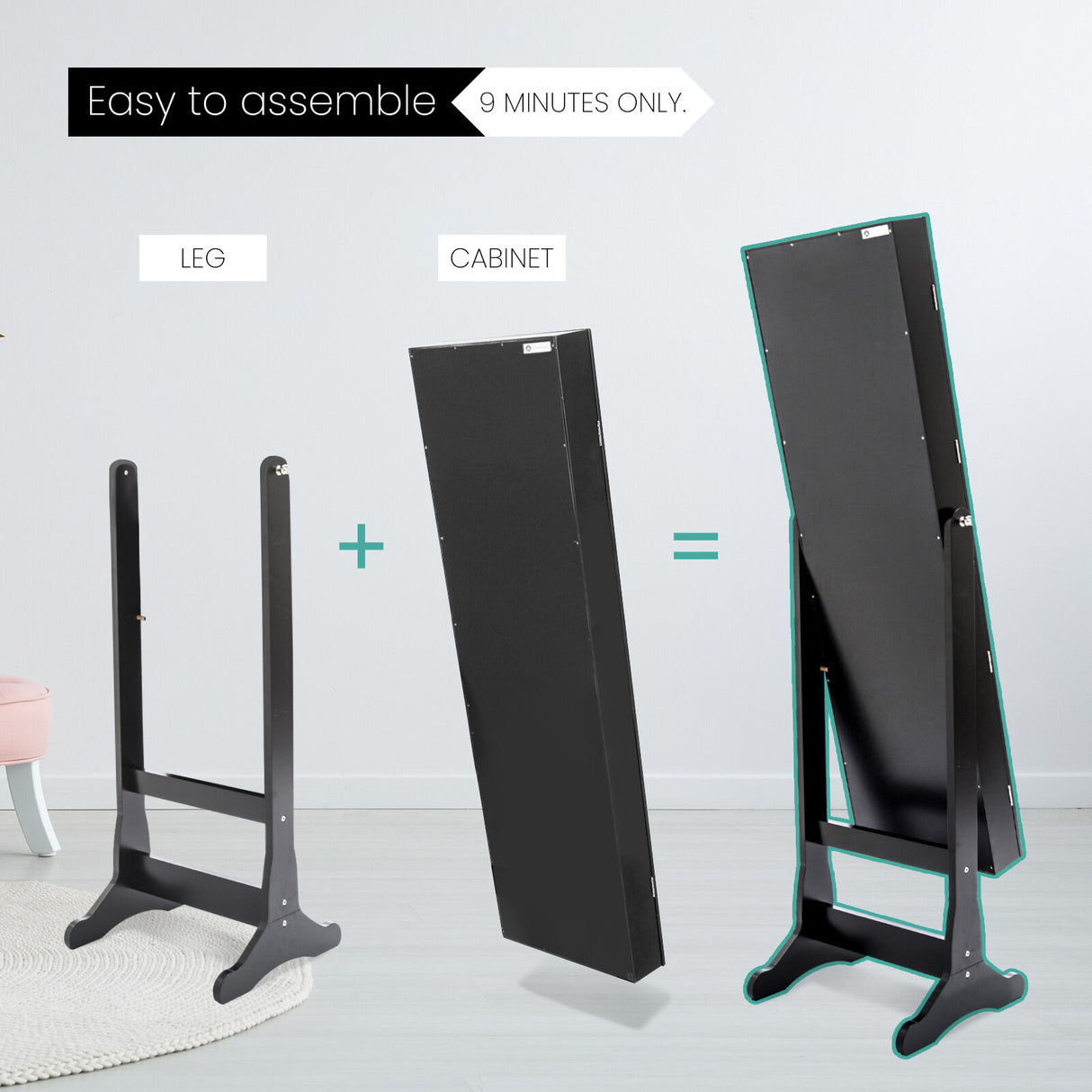 Mirror Jewellery Cabinet Organiser 2 Drawers LOWE 146cm BLACK