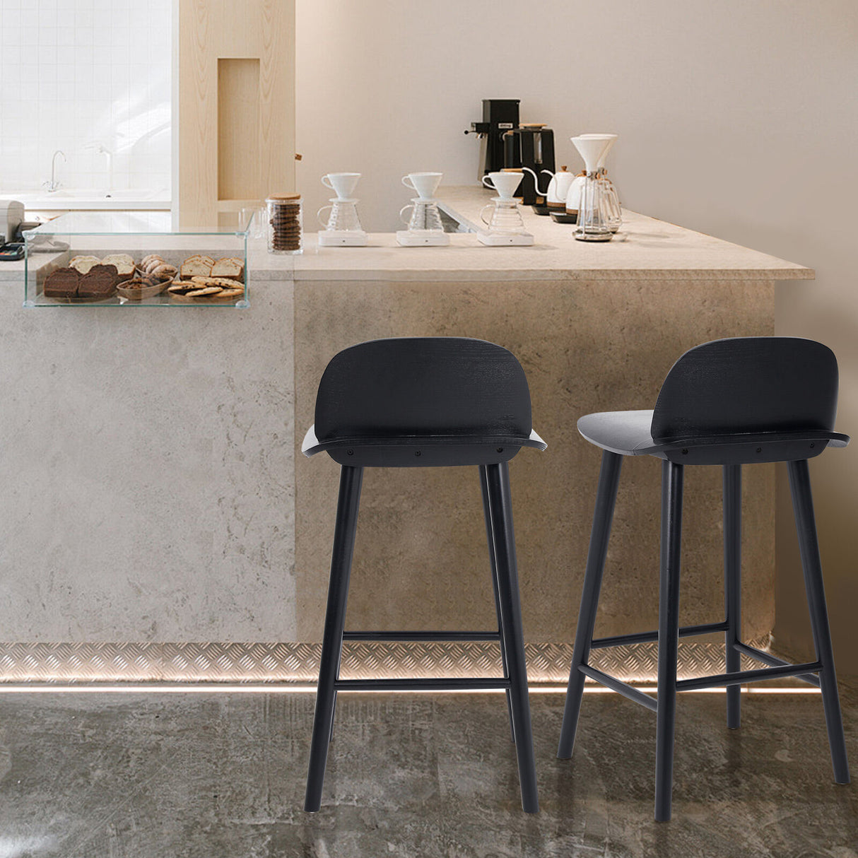 2X Wooden Bar Stool Dining Chair Ash Wood ELISE 65cm BLACK