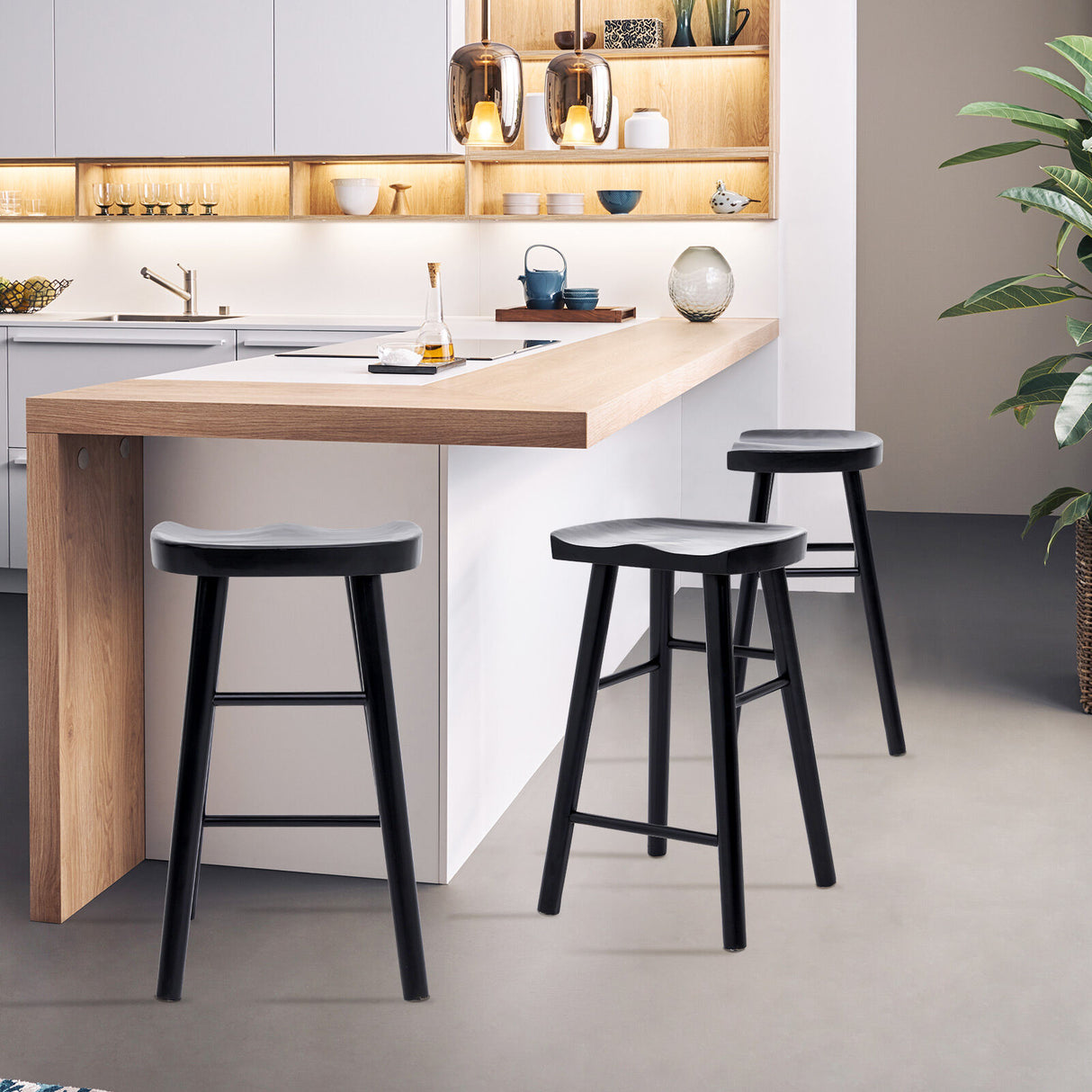 4X Wooden Bar Stool Dining Chair Pine Wood FRIDA 65cm BLACK