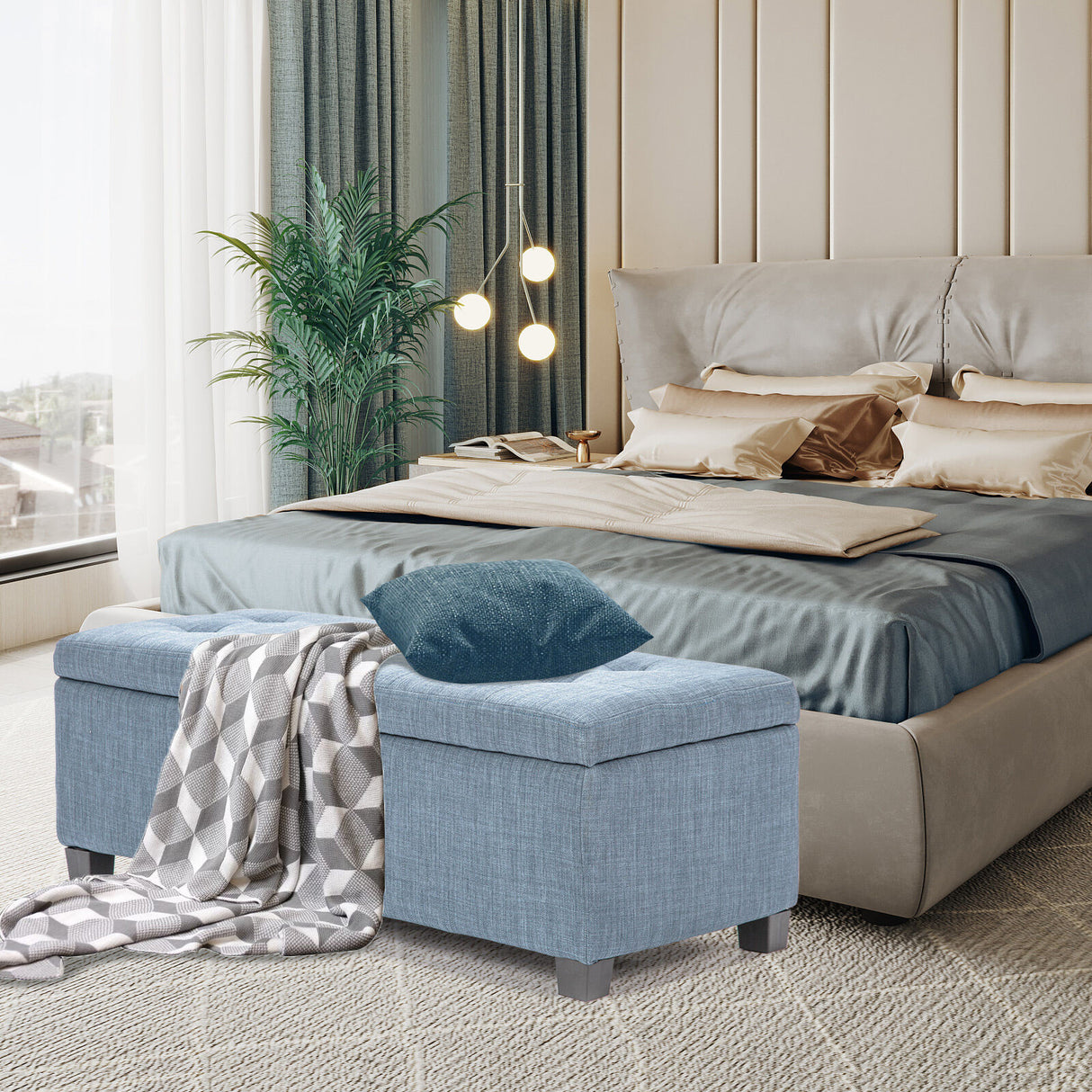 Storage Ottoman Stool 102cm Fabric LIGHT GREY BLUE