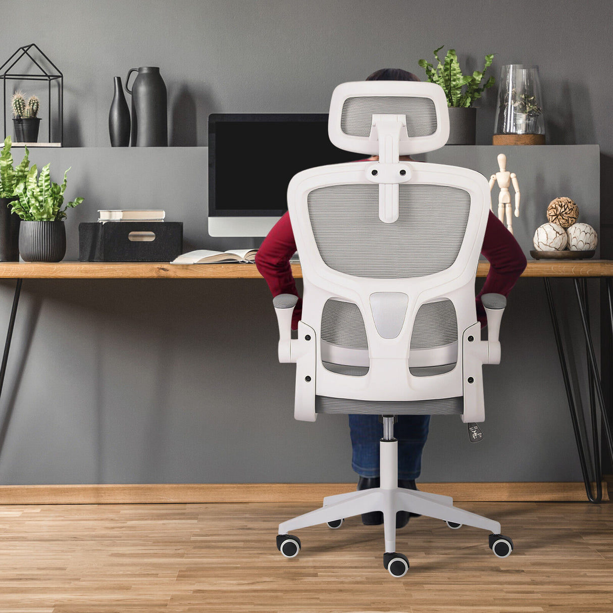 Work Office Chair - Lumber Support Flip-up Armrest Adjustable Headrest SITIO - GREY