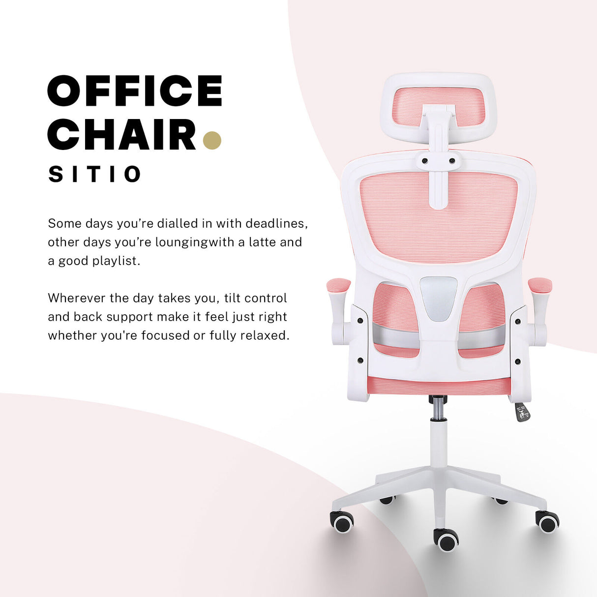 Work Office Chair - Lumber Support Flip-up Armrest Adjustable Headrest SITIO - Pink