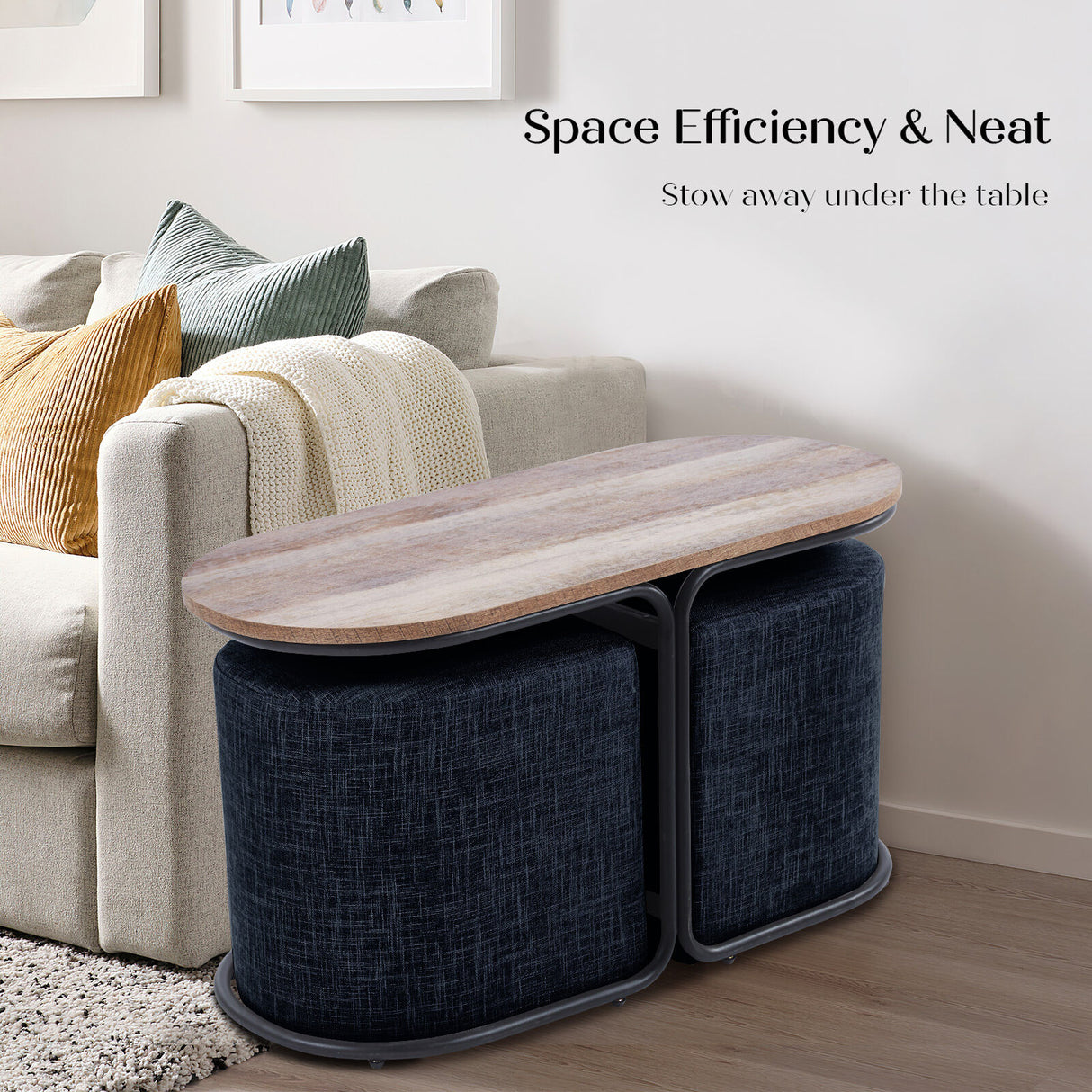 3 Piece Set Coffee Table & Ottoman Wood Side End Table Industrial - Black