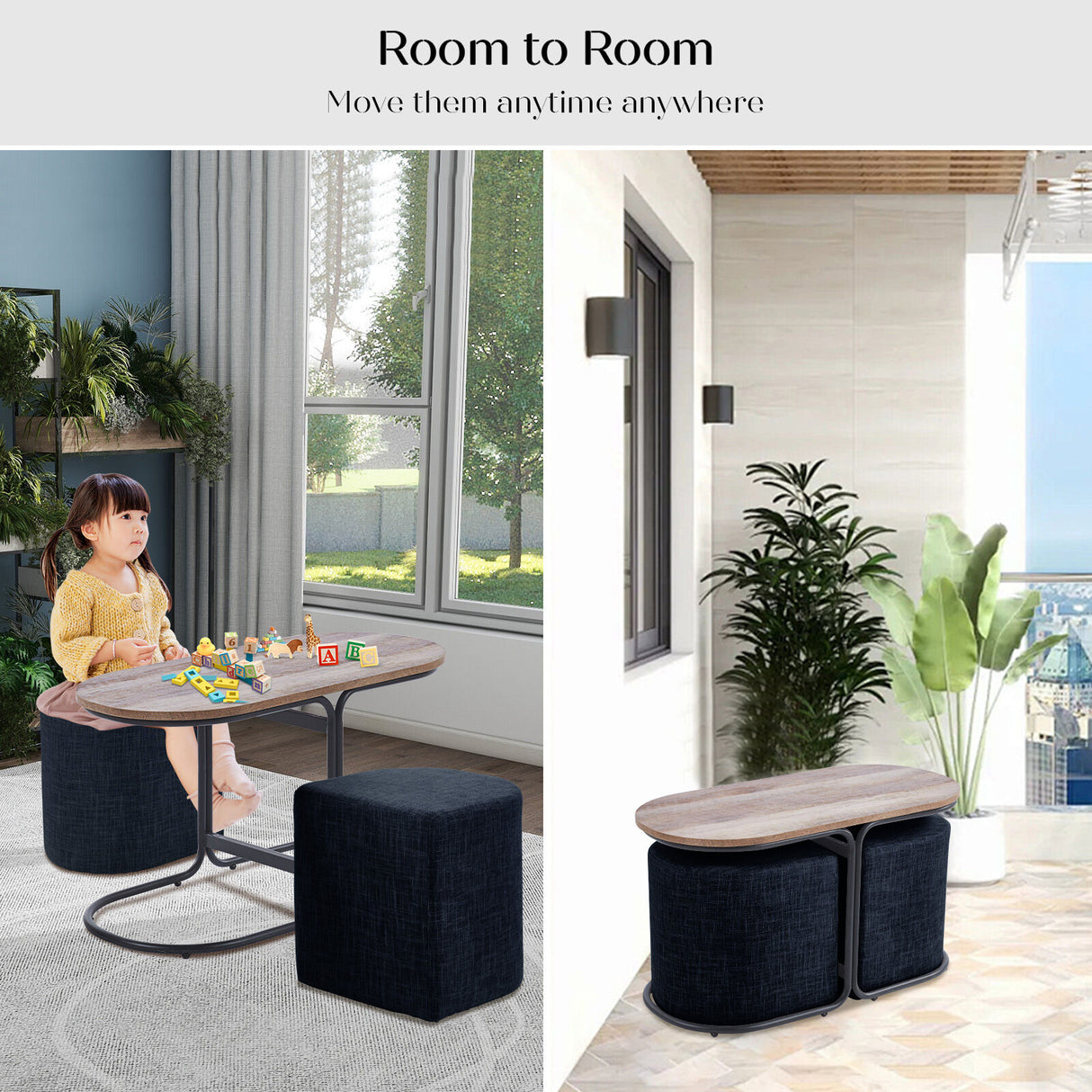 3 Piece Set Coffee Table & Ottoman Wood Side End Table Industrial - Black