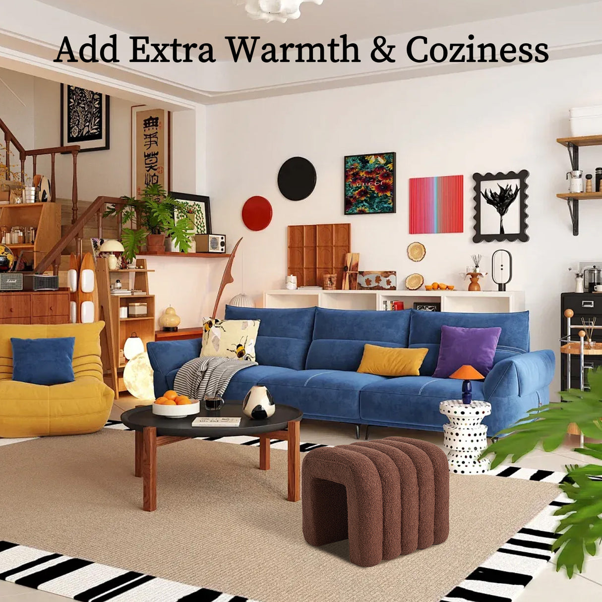 2X Ridge Arch Ottoman Stool Teddy Fleece Fabric Foot Rest 45cm BROWN