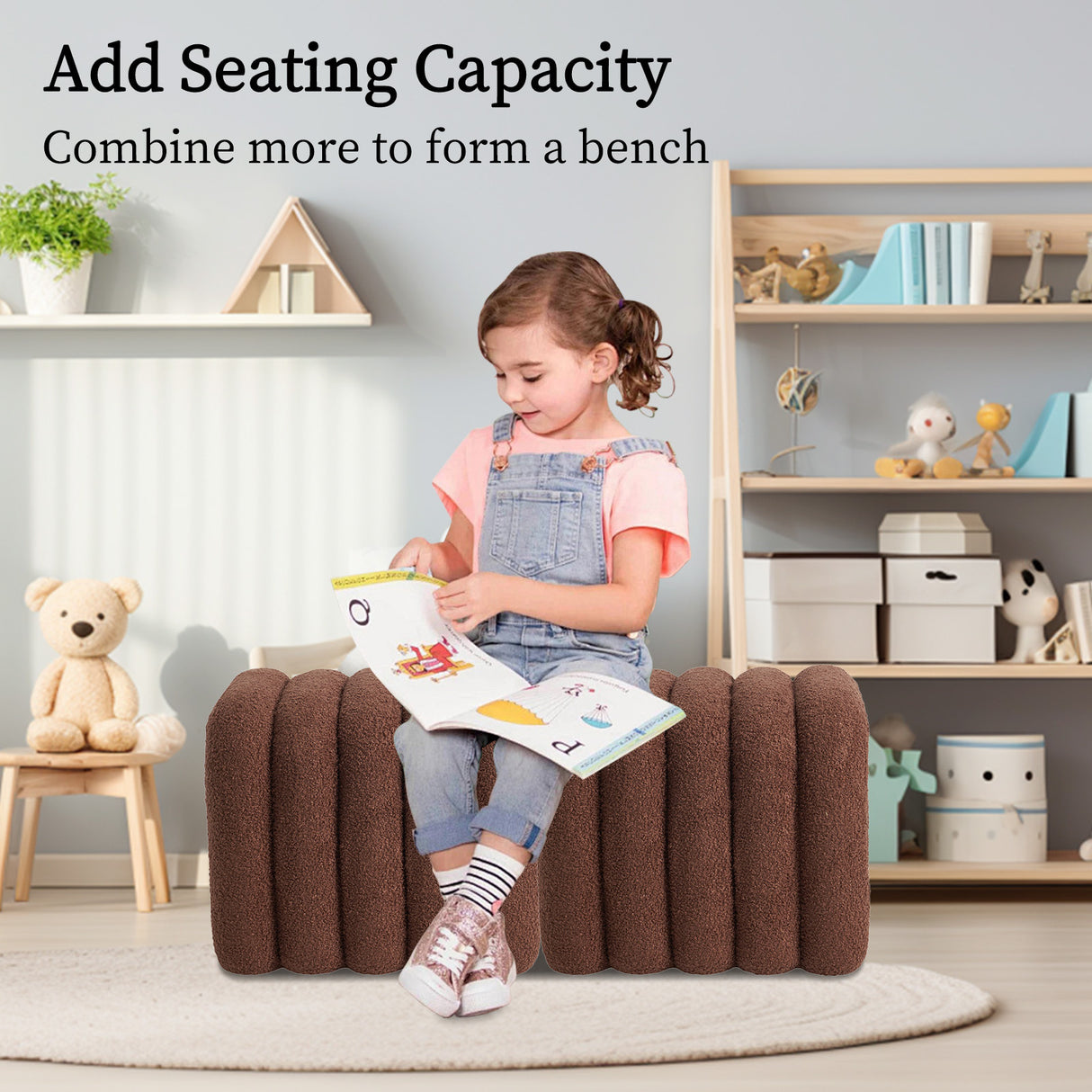 2X Ridge Arch Ottoman Stool Teddy Fleece Fabric Foot Rest 45cm BROWN