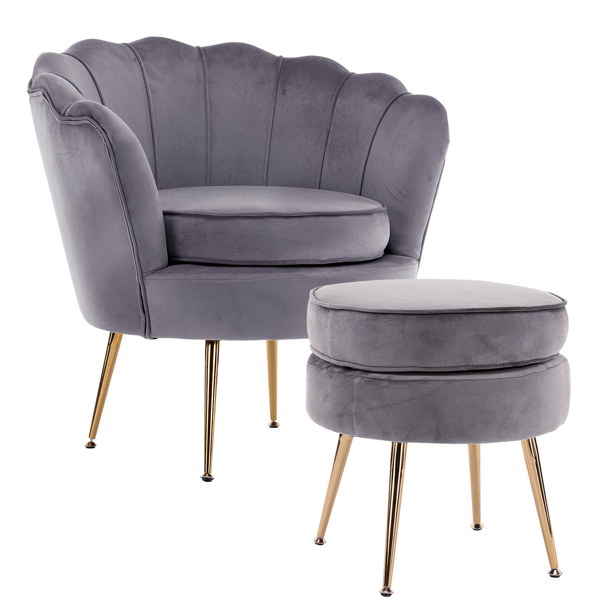 Armchair Lounge Chair Accent Velvet Shell Scallop Ottoman Footstool Round GREY