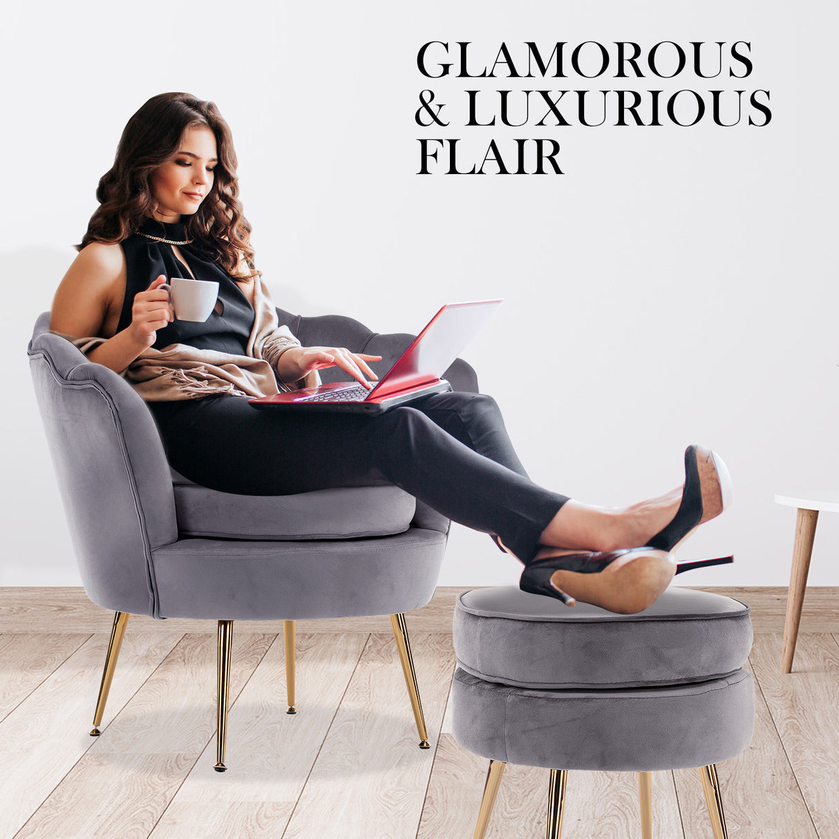 Armchair Lounge Chair Accent Velvet Shell Scallop Ottoman Footstool Round GREY